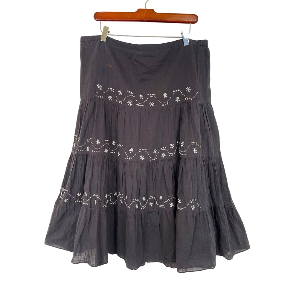 Y2K 90s Skirt Sz XL Cotton Fairy Grunge Whimsigoth Beaded Tiered Midi Brown Boho